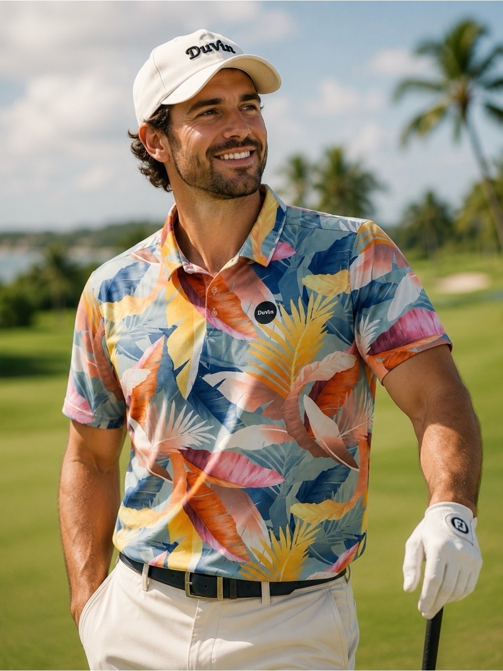 DUVIN Tropical Golf Polo Men’s Performance Stretch Floral Beach Resort Shirt LG